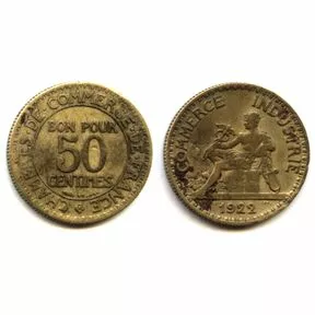 Монета 50 сантимов, Франция, 1922 г.