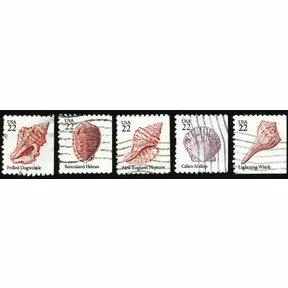 Полная серия из 5 гашеных марок Морские раковины, США, 1985.